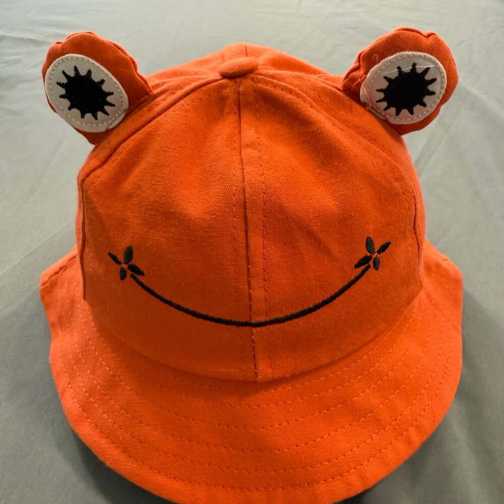 Orange Frog Bucket Hat with Embroidered Smile and Eyes